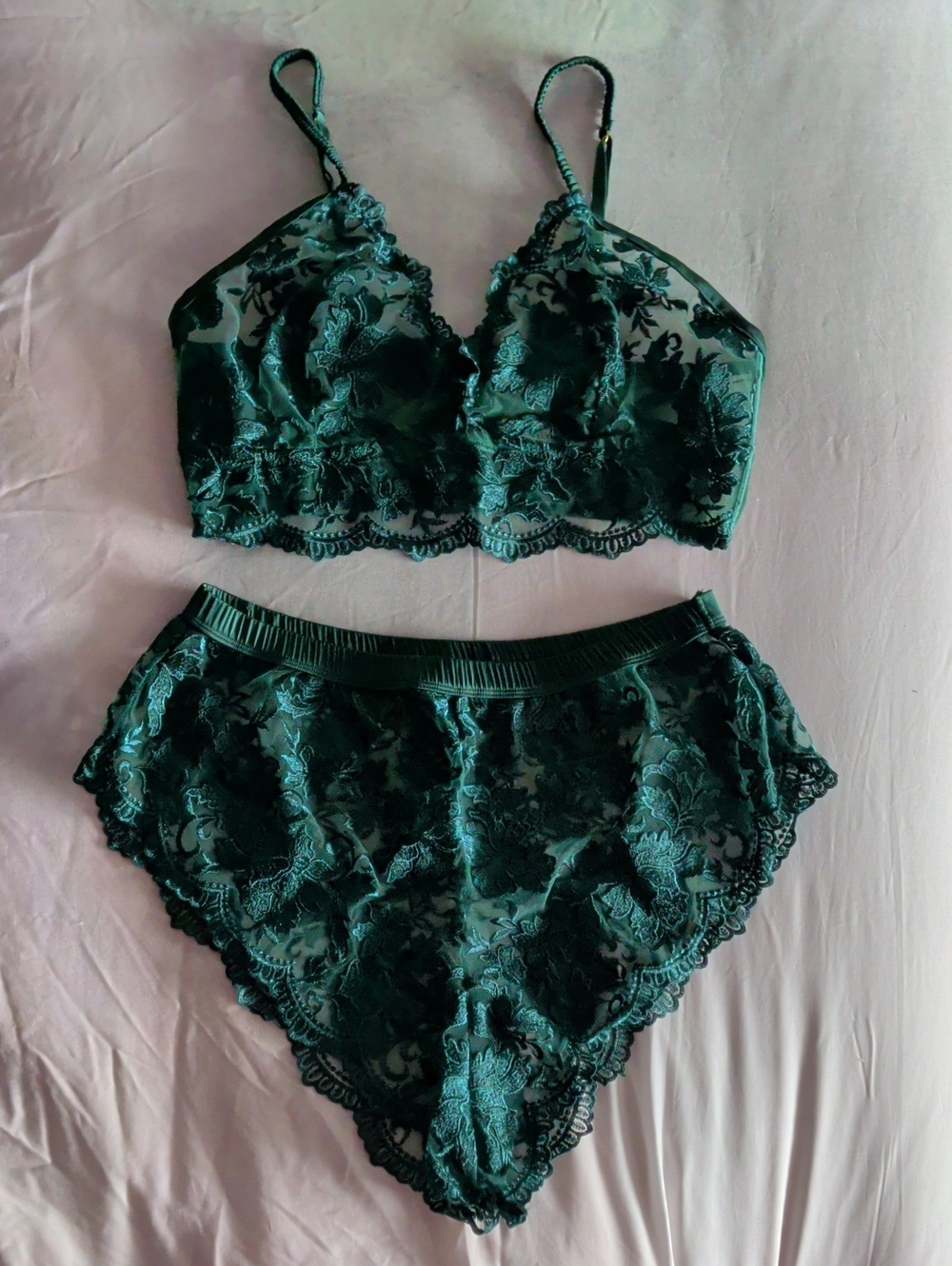 Sheer Emerald Lace Bralette with High-Waist Lace Brief
